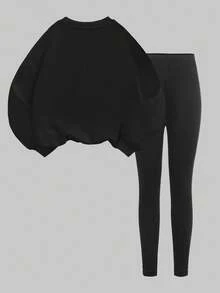 Slaydiva 2 Stücke Damen Lässig Leoparden Muster Slogan Loose Rundhalsausschnitt Sweatshirt und Skinny Hose Set, geeignet für Frühling/Herbst Outdoor - Schwarz - Übersicht 2