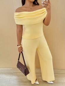 Vionelle Plus Size Women French Style Knit Casual Off-Shoulder Top And Pants Set, Elegant And Versatile, Autumn/Winter Fall - Yellow - View 4