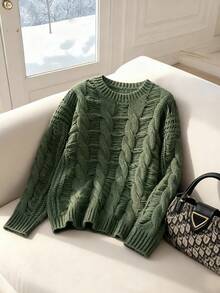 Franclia Novo Suéter Vintage Folgado e Aconchegante de Tricô Trançado Verde Escuro para Mulheres, Outono/Inverno