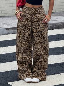 Strévra 女式豹纹口袋宽松阔腿休闲牛仔裤 - 棕色 - 查看 3