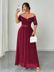 Elenzga Große Größen Elegantes romantisches Weihnachts-Partykleid in Rot für Damen, Spitzen-Patchwork Off-Shoulder Kurzarm Taille Raffung Chiffon fließendes Maxikleid, Frühling/Herbst
