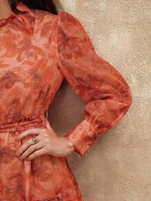 SHEIN Privé VITNOS New Elegant High-End Fashion Floral See-Through Burnt Orange Collar Pleated Ruffle Dress With Front Gold Button Closure, Waist Tie Belt, Suitable For Party And Events, Long Sleeve Maxi Dress For Women - Burnt Orange - View 8