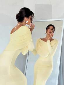 Firerie Women's Elegant Pale Yellow Long-Sleeved Frock Neck Dress,Autumn Dinner Party Outfit,Holiday Wedding Guest Prom Gown,New Year Clothes For Women - White - View 1