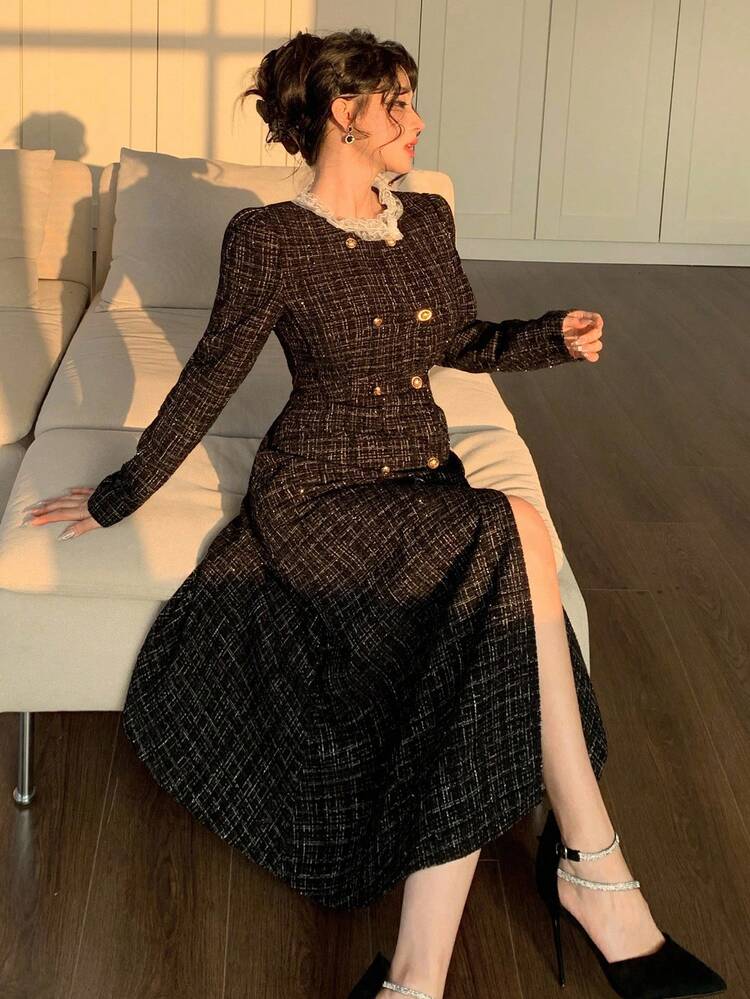 Autumn/Winter Fashion Plaid Fitted Waist Elegant Casual Mesh Lace Trim Metal Button Sequin Wedding Party Cocktail Long Sleeve Midi Dress For Women