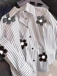 INAWLY Áo sơ mi tay dài họa tiết sọc và hoa đính đá cỡ lớn cho nữ - Nhiều màu - Xem 5