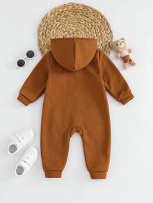 Bộ đồ liền thân dệt kim dày chải kỹ màu nâu có mũ trùm đầu cho bé trai/bé gái, mềm mại và rộng rãi, khóa kéo, đa năng cho cả trong nhà và ngoài trời, mùa thu/đông - màu nâu - Xem 2
