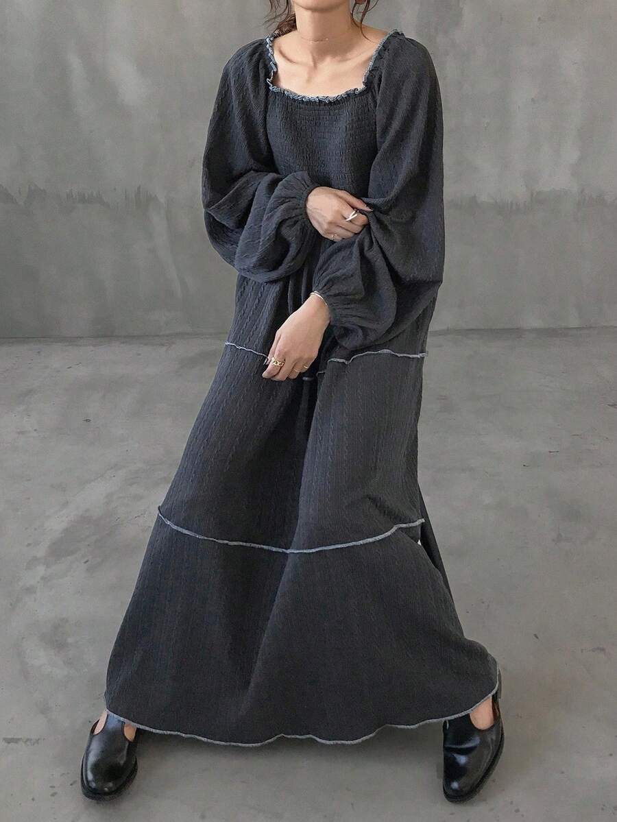 FRIFUL Damen Loose Fit einfarbiges Kleid mit quadratischem Ausschnitt und Langarm, Kontrastbesatz, ausgestellter Rock, lässig & vielseitig, Herbst