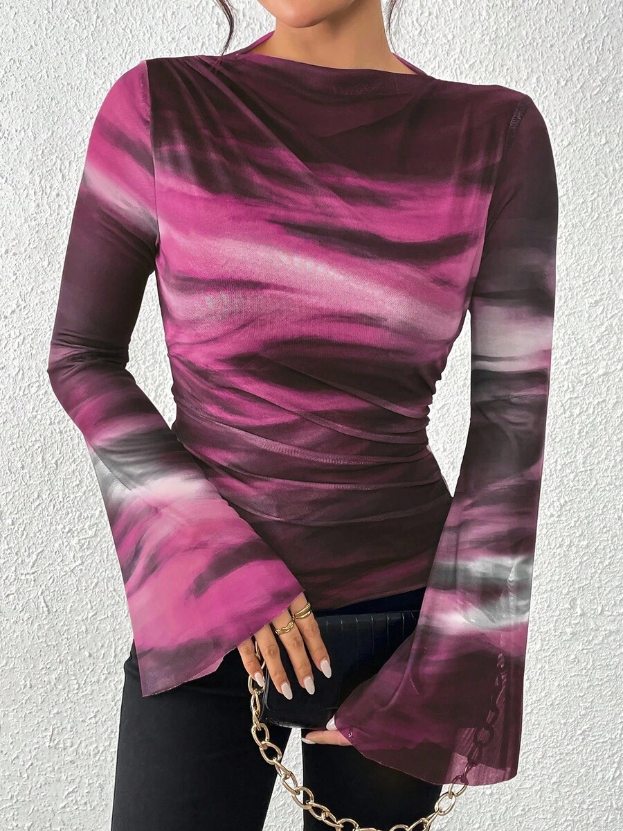 EMERY ROSE 女士秋冬美式复古扎染网眼印花长袖打底T恤，适合春季穿着 - 紅白色 - 查看 1