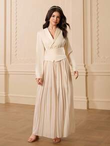 Teenager Solid Color Turndown Collar Long Sleeve Shirt Top + Pleated Waist Pants Halloween Christmas Outfit - Apricot - View 3