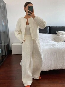 DAZY 女士休闲宽松加厚两件套，秋冬家居服套装 - 米色 - 查看 5