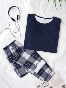 Teenage Boys' Navy Blue Plaid English Element Combination Long Sleeve Top And Pants, Minimalist Stylish Outfit, Suitable For Casual Home Wear, Highlighting Teenagers' Sunny And Leisure Characteristics Fall Winter - Navy Blue - View 3