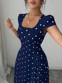 Elenzga Women's Elegant Polka Dot Print Ruched Waist Square Neck Short Sleeve Maxi Dress - Navy Blue - View 4