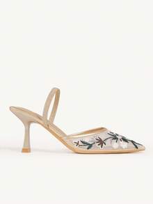 CUCCOO CHICEST Sapatos femininos de salto agulha com renda bordada floral champanhe, bico fino, salto médio, elegante, romântico, vintage, salto alto, mule, slip-on, adequados para convidadas de casamento, ocasiões formais, Halloween, Natal, Ação de Graças - Ouro - Ver 7