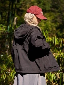 SHEIN Unity 春秋连帽夹克，前拉链，松紧袖口和下摆，可调节腰围 - 黑色 - 查看 2