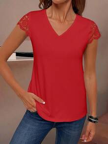 EMERY ROSE Women's Solid V-Neck Short Sleeve Simple Casual Top - Red - View 5