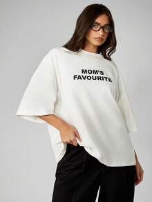 MISSGUIDED Cotton Oversized Graphic T-Shirt With Mom's Favourite Slogan Print For Casual Everyday Wear - White - View 1