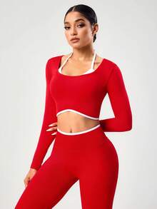 Seamluxe SHEIN Sport Camiseta Esportiva Vermelha Sem Costura Feminina, 2 em 1 de Manga Longa, Adequada para Fitness, Yoga e Uso Diário