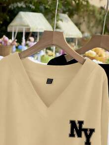 EMERY ROSE 2 piezas Sudadera de felpa con cuello en V de unicolor para mujer talla grande con estampado de NY, versátil para otoño/invierno