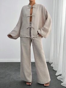 EURMUSE Casual Style, Premium Quality Linen, Keep Cool In Warm Weather, Effortless Weekend Outfit, Two Pieces Set, Tie Front Detailed Balloon Sleeve Top With Relaxed Pant - Beige - View 3
