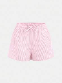 SHEIN شورتات قصيرة منخفضة الخصر مخططة للمراهقات للعطلات الصيفية والشاطئ والمنزل - وردي - مشاهدة 4