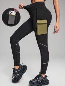 Innovista Leggings de sport doux et confortables pour l'extérieur, avec coutures contrastées, blocs de couleurs, taille haute, pour le yoga, l'entraînement HIIT, le bureau et la salle de sport. Pantalons stretch, respirants, avec poches, coupe flatteuse, protection UV, résistants à la transpiration. Collection automne-hiver pour un look sportif chic et fonctionnel. - Noir - Voir 3