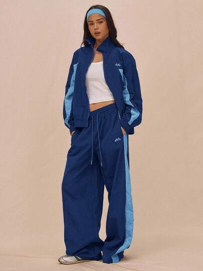 MUSERA Drawstring Waist Nylon Contrast Panel Wide Leg Tracksuit Bottom Only  Airport, Casual   Spring