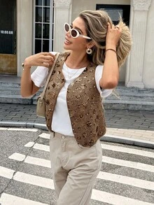 Serisse Chaleco de moda de una sola hilera con lentejuelas florales para mujer - Café integral - Ver 8