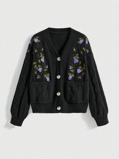 Fairycore Women's V-Neck Grape Fruit Embroidery Vintage Cardigan Sweater