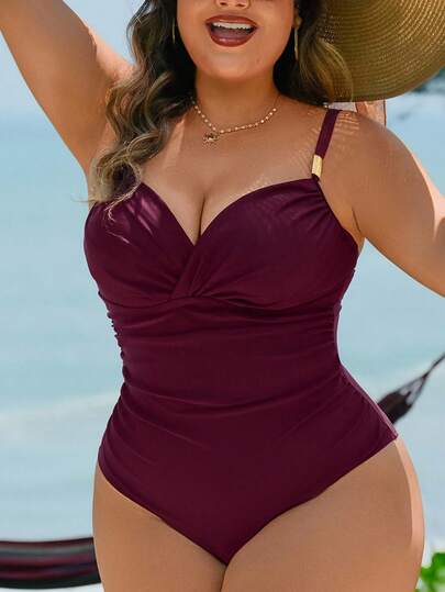 Swim Lushoire Plus Size Solid Color Waistline Criss-Cross Metal Decor Elegant One-Piece Swimsuit, Suitable For Beach Vacation Curvy One Piece Swimsuit Burgundy Swimsuit