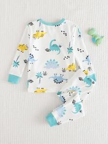 Cozy Pixies 男婴/女婴卡通动物印花柔软针织圆领长袖上衣和裤子舒适贴身两件套睡衣套装 - 彩色 - 查看 2