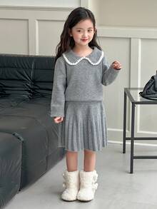 Dazy Kids 2pcs Young Girl Girls Collared Puff Sleeve Sweater + Pleated Knit Skirt Set, Autumn/Winter - Grey - View 2