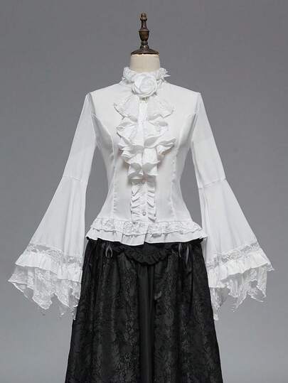 EDITION Blouse femme à manches cloche et ourlet en dentelle de style gothique sombre, convient pour Halloween