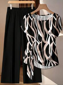 EMERY ROSE Bộ 2 món áo cánh dơi cổ tròn in họa tiết thường ngày mùa hè cỡ lớn và quần dài - Nhiều màu - Xem 1