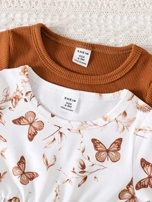 SHEIN Vintaside Kids 2 件女童秋冬连衣裙套装 - 白色蝴蝶印花连衣裙 + 纯棕色长袖公主裙 - 彩色 - 查看 4