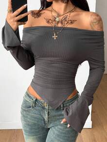 Coolane 女士秋冬外出休闲必备弹力舒适露肩针织T恤 - 灰色 - 查看 2