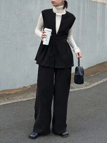 FRIFUL 女式纯黑色收腰上衣，褶饰细节，搭配修身直筒裤，休闲两件套，秋季 - 黑色 - 查看 5