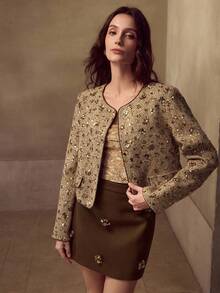 MOTF PREMIUM ELEGANT TWEED SEQUIN EMBELLISHED JACKET, BROWN - Brown - View 3