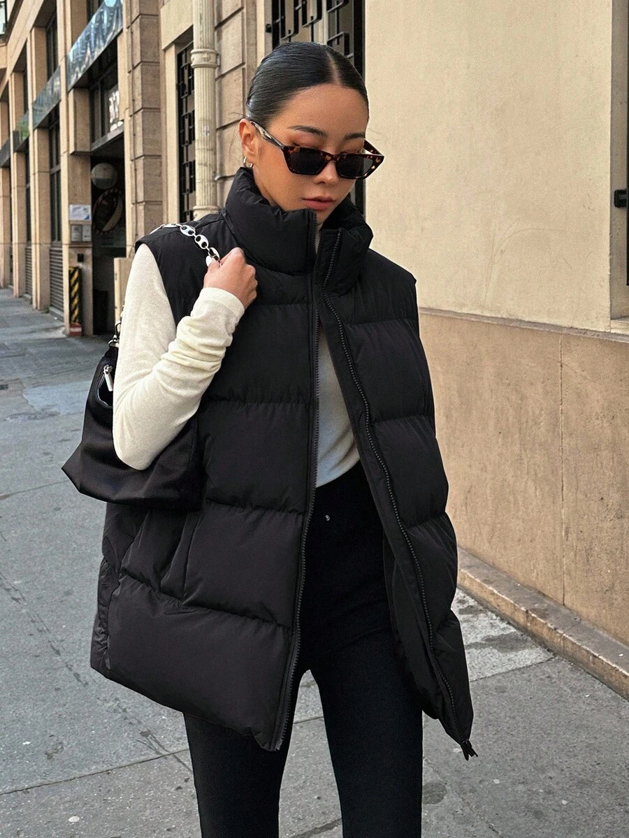 DAZY Chaleco acolchado estilo chaqueta para mujer, chaqueta/chaleco de otoño/invierno - Negro - Ver 1