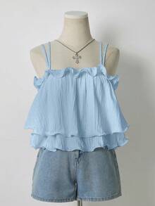 Lalippa 夏季甜美荷叶边下摆纯色度假吊带背心 - 淺藍色 - 查看 3