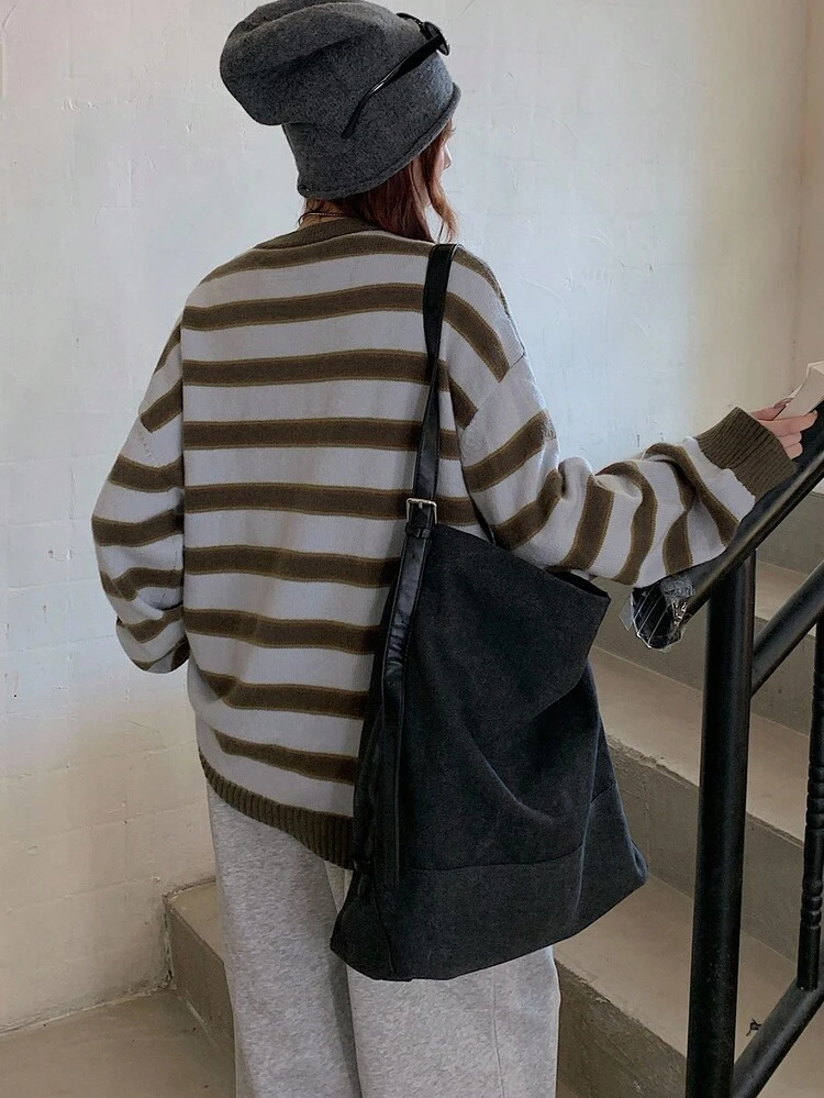 Women's Casual Loose Striped Patchwork Pullover Sweater, Fashion Business Streetwear Style, Autumn/Winter