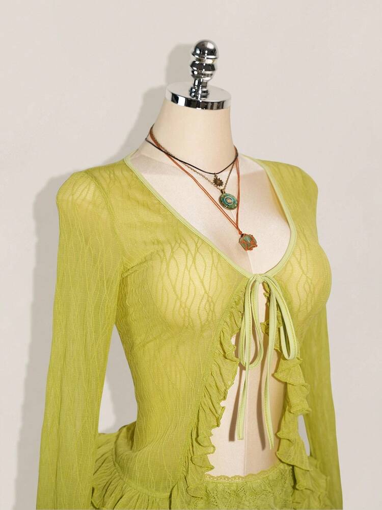 SHEIN ICON Sheer Tie-Front Cardigan Top And Multi-Layer Lace Shorts Set - Green - View 6