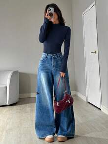 SHEIN EZwear Women's Navy Blue Stand Collar Long Sleeve Casual Bodysuit, Autumn,Black Bodysuit