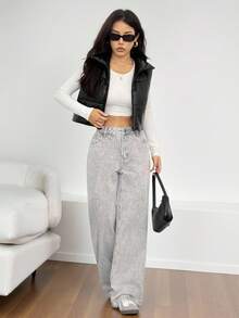 SHEIN PETITE 女士简约纯色短款皮夹棉大衣、冬季背心 - 黑色 - 查看 4