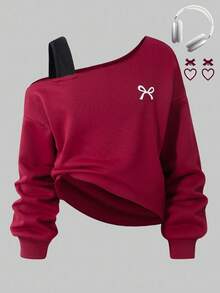 Sparklyn Tween Girls Bow Print Asymmetric Open Shoulder Asymmetrical Hem Casual Sweatshirt