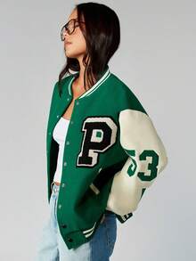 Missguided x Playboy Oversized Vintage Style Varsity Bomber Jacket Letterman Baseball College Retro Fashion Varsity Athletic Bomber Classic Preppy Winter Fall Jacket With Striped Ribbing