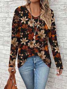 EMERY ROSE Plus Size Women Vintage Maple Leaf Print V-Neck Long Sleeve Loose T-Shirt, Fall And Winter - Multicolor - View 2