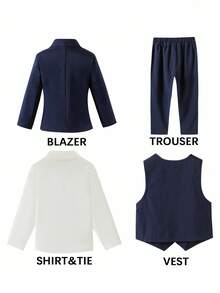 4-Piece Toddler Boys Gentleman Outfit Set: Navy Blue Collar Lapel Long Sleeve Suit Jacket, White Long Sleeve Collared Shirt With Navy Blue Bowknot, Navy Blue Waistcoat, And Formal Suit Pants. Perfect For Birthday Parties, Formal Events, Weddings, Christenings, Baptisms, And Anniversaries. Fall Winter
