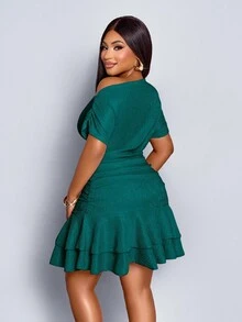 SOLERSUN Women's Elegant Party Daytime Apricot Knitted Asymmetrical Neck Neck Long Sleeves Gathered Double Ruffle Mini Dress