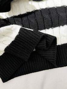 SHEIN Suéter holgado de cuello alto con textura a rayas negras y blancas para niña preadolescente, adecuado para usar en casa, salidas, escuela, compras y fiestas en otoño/invierno