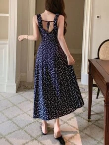 DAZY Ditsy Floral Ruffle Collar Waist Cinched Sleeveless Women Nightgown Pajama - Navy Blue - View 2
